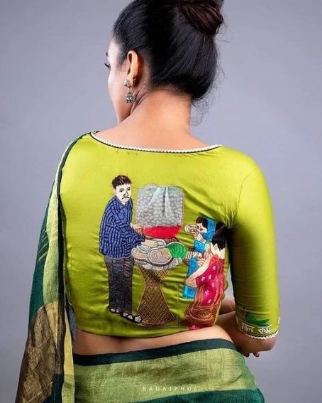 Green Color Printed Blouse Design