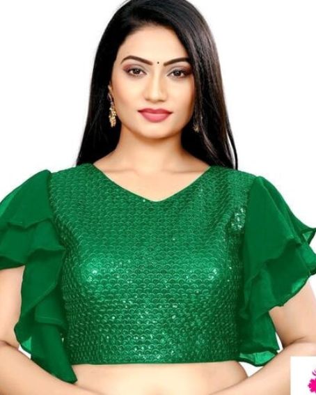 Green Color Ruffle Blouse Design