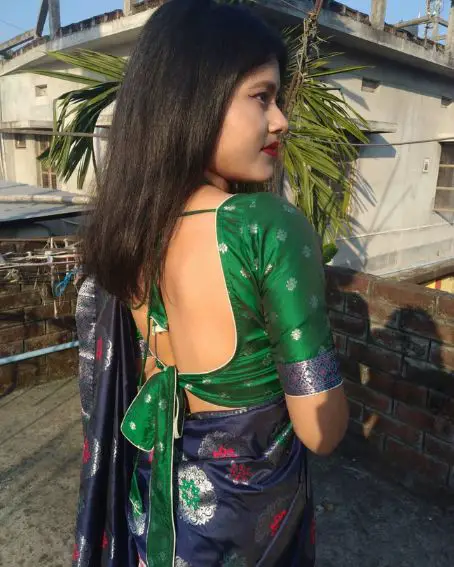 Green Color U Shaped Blouse with Silver Flower Blouse Design