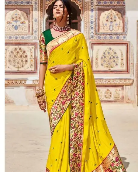 Green Contrast Blouse Yellow Colour Party Saree