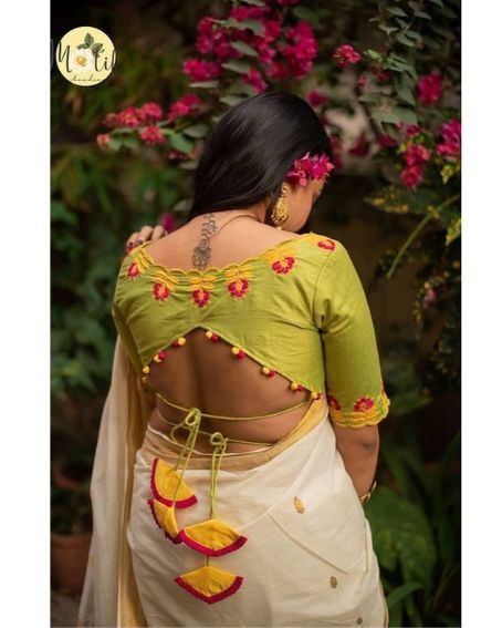 Green Embroidery Backless Tassel Blouse Design with Kutch Work