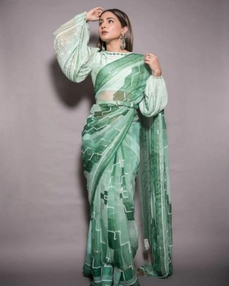 Green Embroidered Chiffon Saree with balloon sleeve blouse