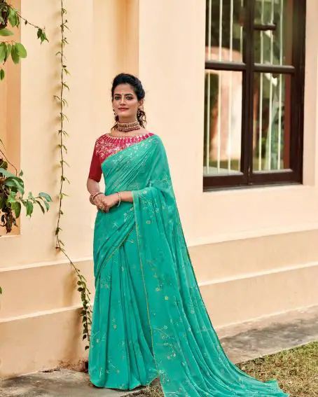 Green Fancy Foil Print Georgette Saree