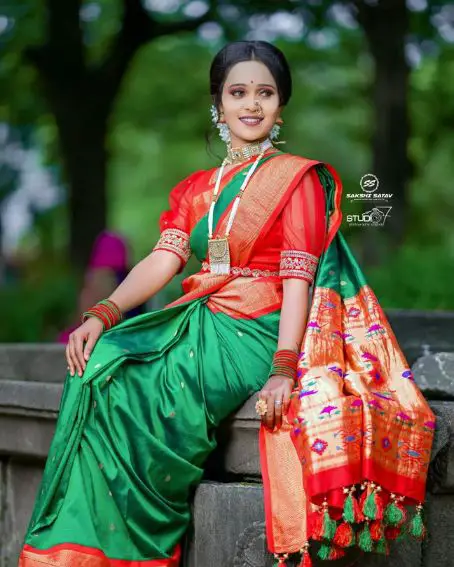 Green Fancy Pattu Saree with Red Puff Blouse