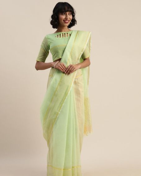 Green & Gold-toned Striped Pure Cotton Saree