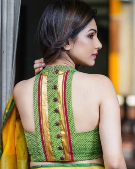 Green Khun Silk Racer Back Blouse with Button Detailing
