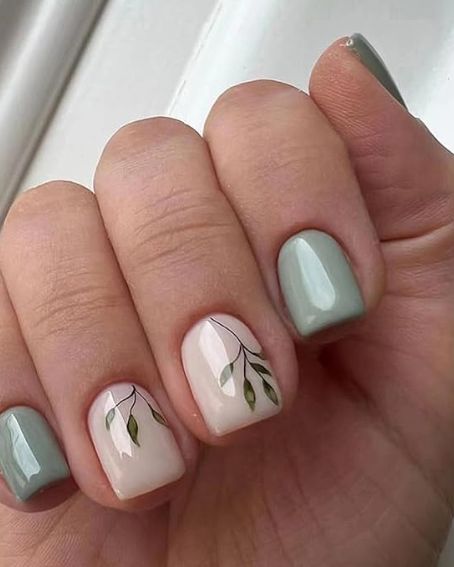 Green Nails with Leaf Designs Acrylic Nails Design