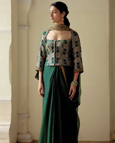 Green Privee Satin Silk Brocade Corset Blouse