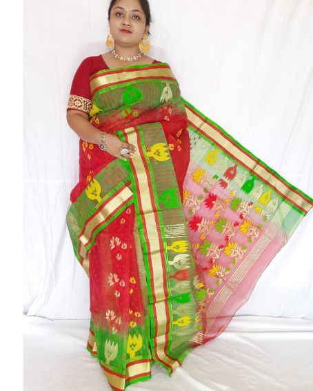 Green Printed Saree With Red Lace Blouse
