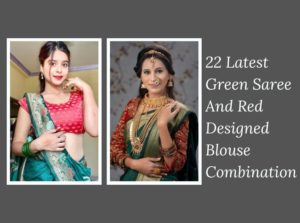 Green Saree And Red Designed Blouse Combination