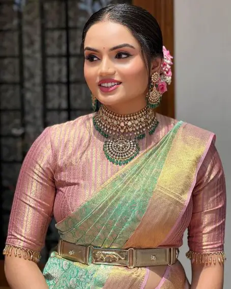 Green Saree with Pink Blouse