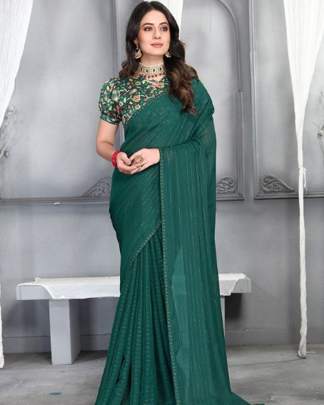 Green Silk Saree With Floral Print Blouse