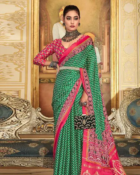 Green Silk Saree With Pink Blouse