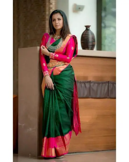 Green Work Saree with Pink Blouse