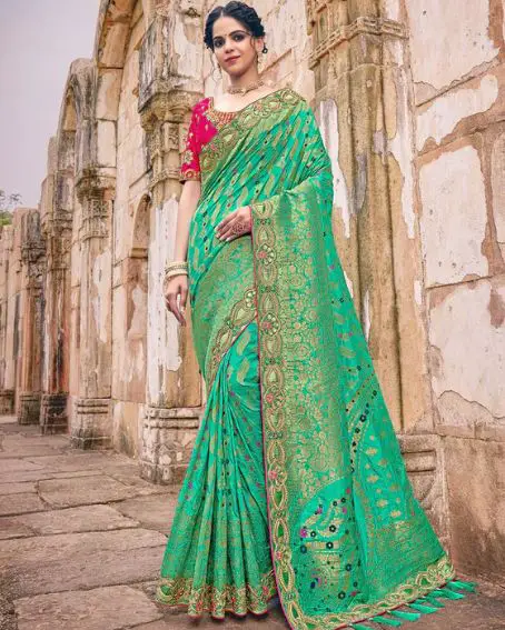 Green Work Saree with Pink Blouse