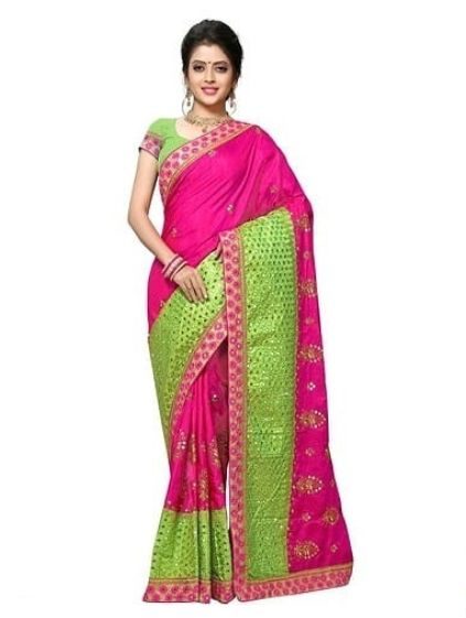 Green and Pink Embroidered Silk Blend Saree with Blouse