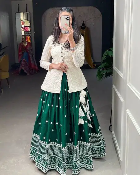 Green and White Long Blouse Designer Lehenga Choli