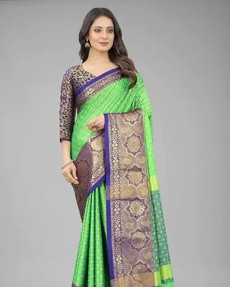 Green Woven Silk Saree with Blue Blouse