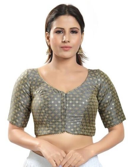 Grey Cotton Blend Printed Blouse with Round Neck