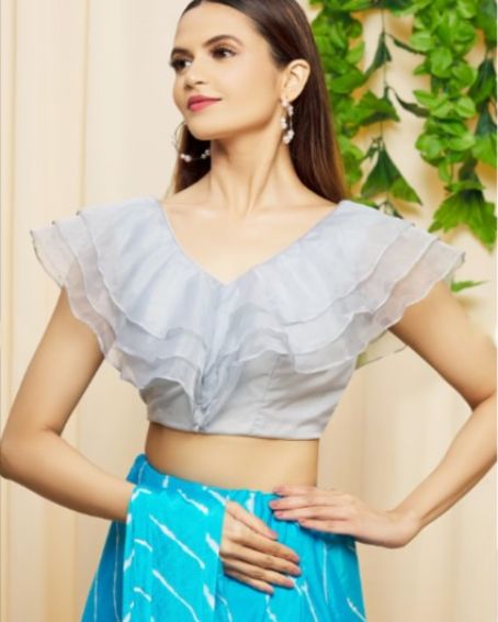 Grey Silk Blend Layered Ruffle Style Frill Blouse Design