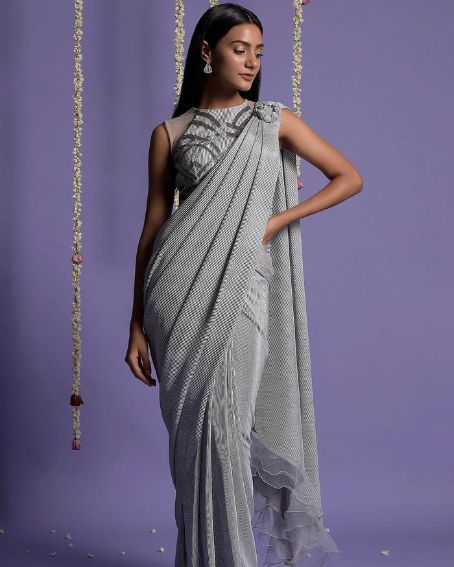 Gray Viscose Pre-draped Saree With Halter Neck Blouse