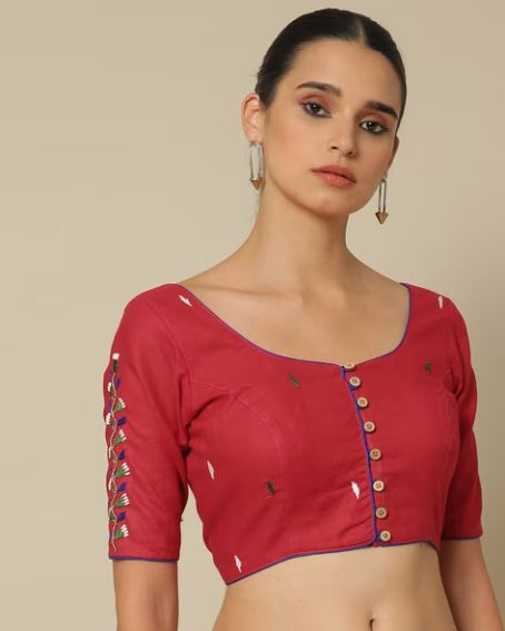Hand-Embroidered Cotton Open-Front Padded Blouse
