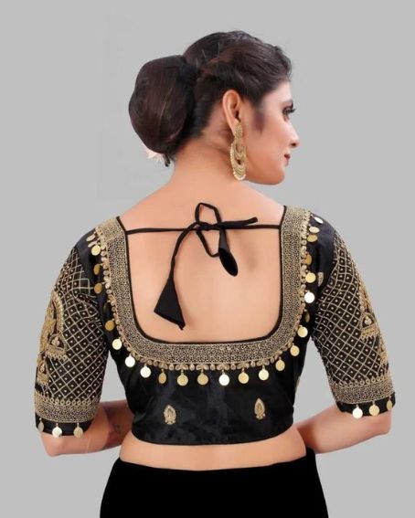 Hand Work Black Silk Embroidered Thread Work Blouse