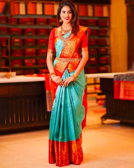 Hand Woven Silk Sky Blue Colored With Red Blouse