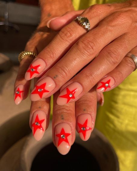 Handpainted Orange Stars with Diamond Nail Designs