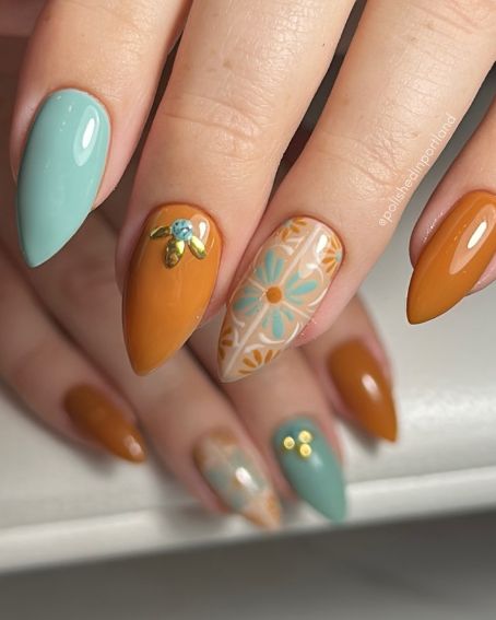 Handpainted Ornamental 1970s Inspired Designs on Natural Nails