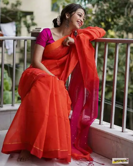 Handwoven Orange Cotton Resham with Woven Sequins Pink Blouse