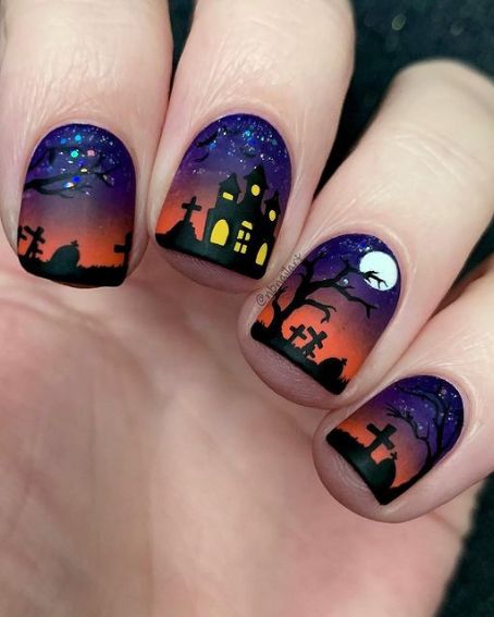 Haunted House Halloween Nail Art