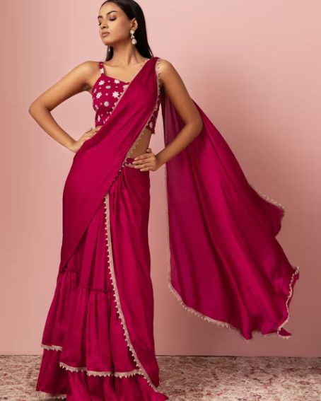 Hot Pink Tiered Pre-draped Saree With Embroidered With Stitched Blouse