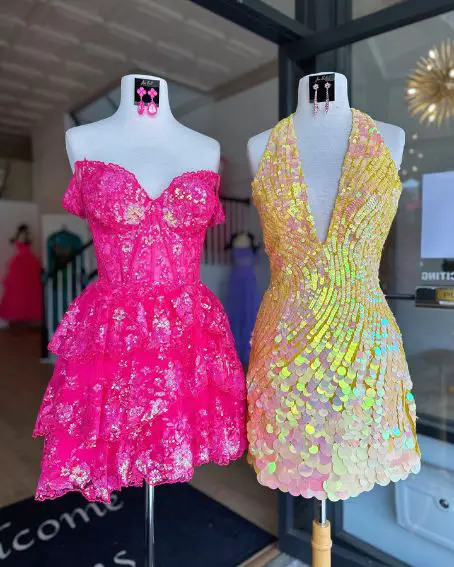 Hot Pink & Yellow Corset Style Homecoming Dress By jewelsformals