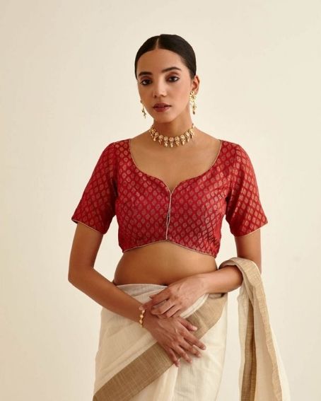 Indian Red Butti Design Banarasi Blouse for Broad Shoulders