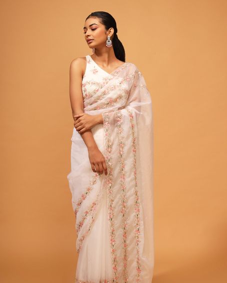 Ivory White Embroidered Asymmetrical Shoilder Blouse