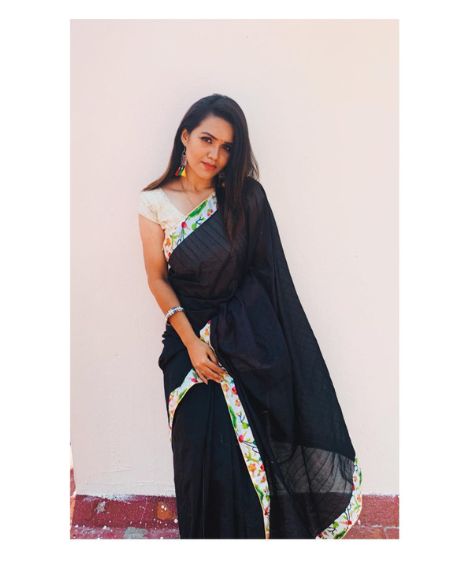 Lace Style Black Saree with Beige Color Blouse