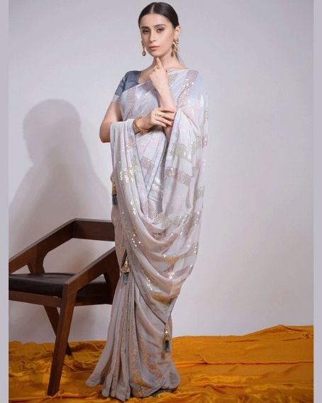 Latest Silver Color Sequin Work Saree