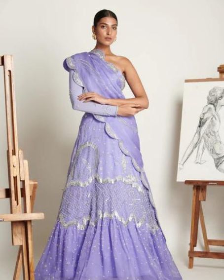 Lavender Celestial Burst Lehenga With Asymmetrical Blouse