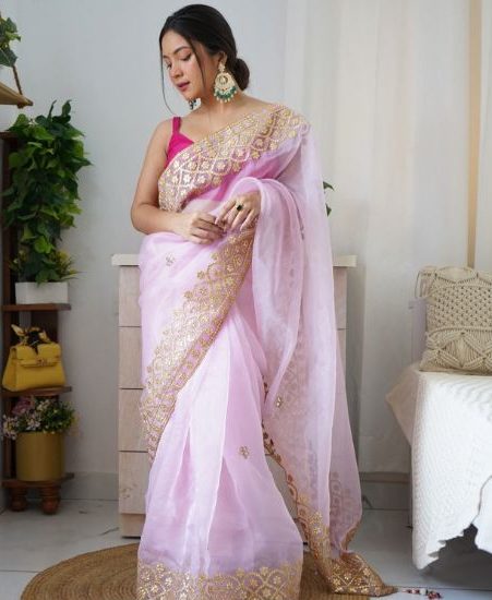 Light Pink Latkan Organza Saree With Sleeveless Blouse