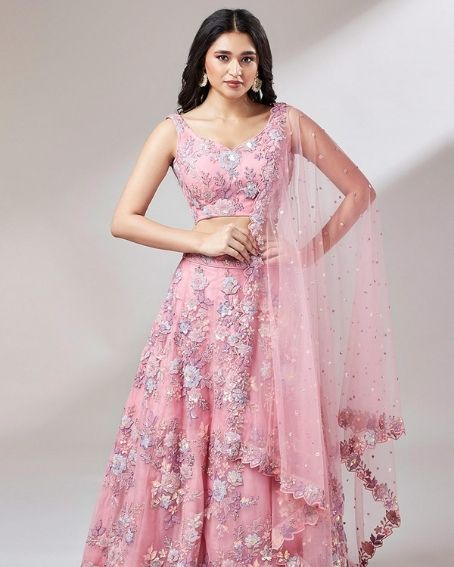 Light Pink Net A Line Lehenga Choli with Sleeveless Blouse