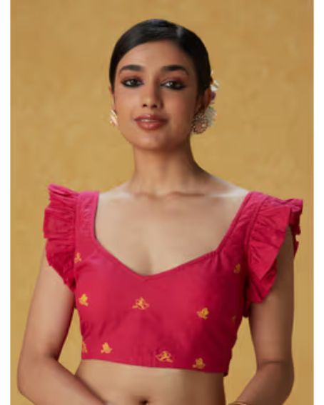 Likha By Nykaa Fashion Pink Solid Plain Ruffled Sleeves Blouse With Embroidery