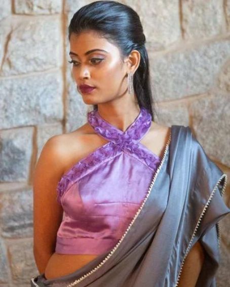 Lilac Halter Blouse in Pure Silk Satin with Ruched Silk Organza Detailing
