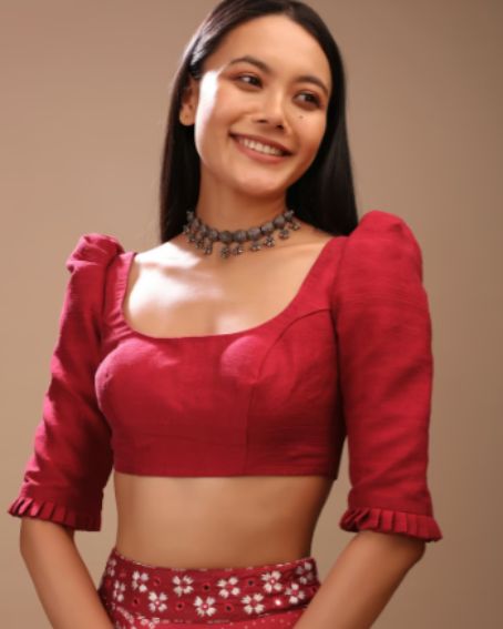 Lipstick Red Blouse In Raw Silk With Puff Shoulders