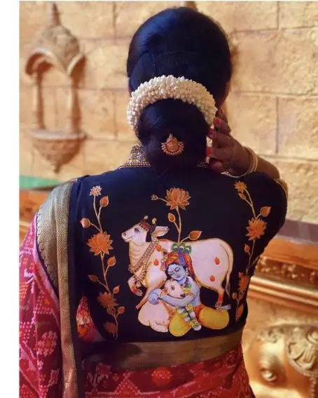 Lord Krishna And Cow Hand Thread Work Designer Blouse Dark Blue Color