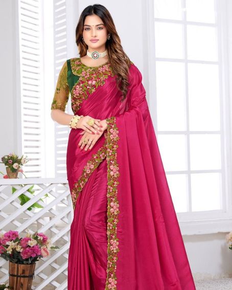 Magenta Silk Plain Saree With Designer Blouse