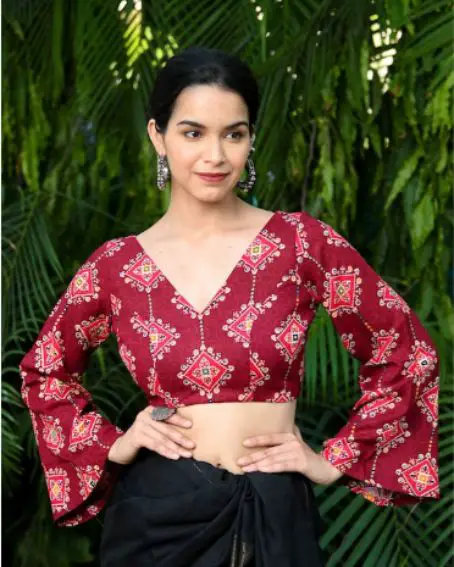 Maroon And Pink Ethnic-motifs Printed Foil Work Saree Blouse