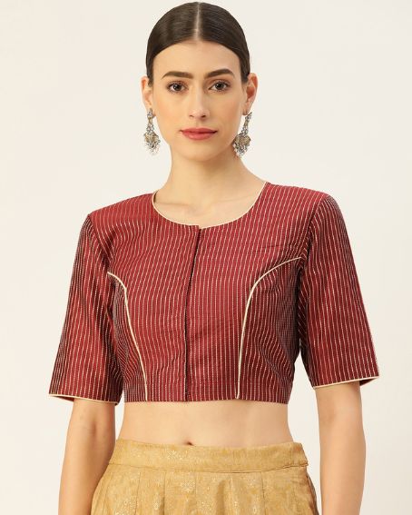 Maroon & Beige Striped Saree Blouse