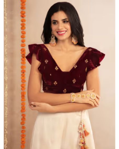 Maroon Color Frill Blouse Design For Women