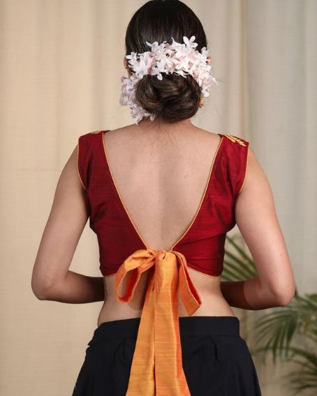 Maroon Cotton Silk Designer Blouse with Contrast Bow at Back